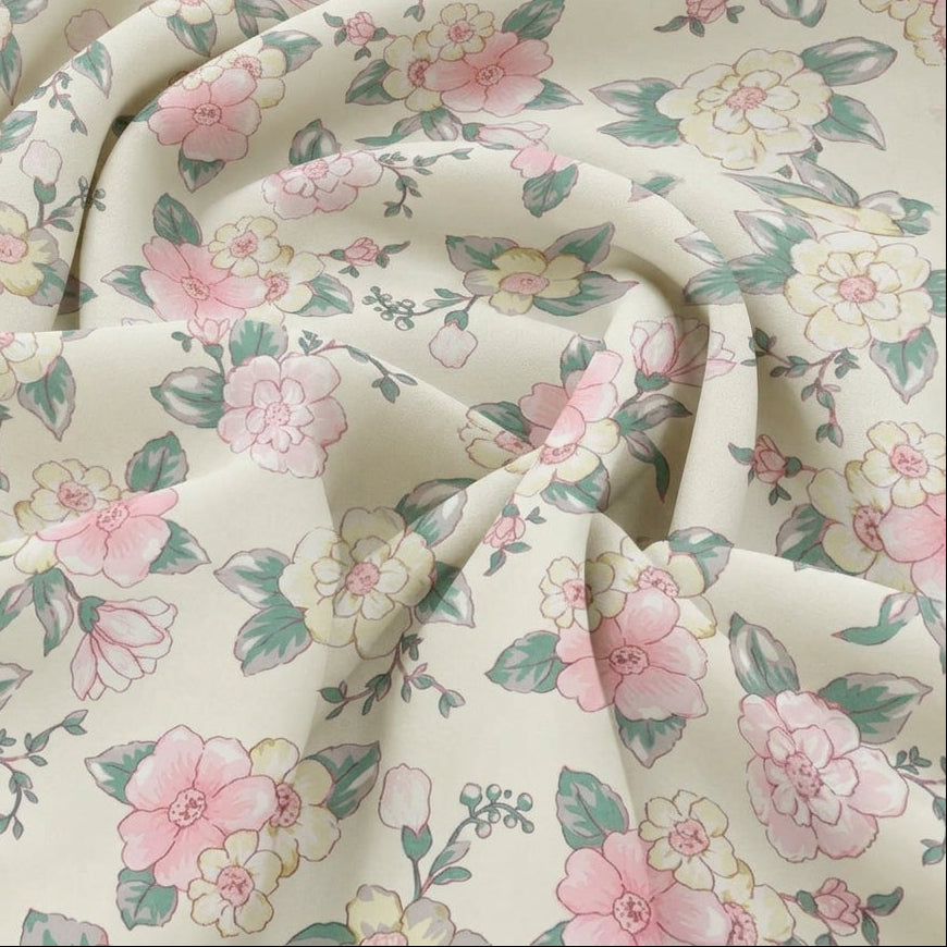 Swirled White Floral Cotton Fabric Showing Printed and Drape