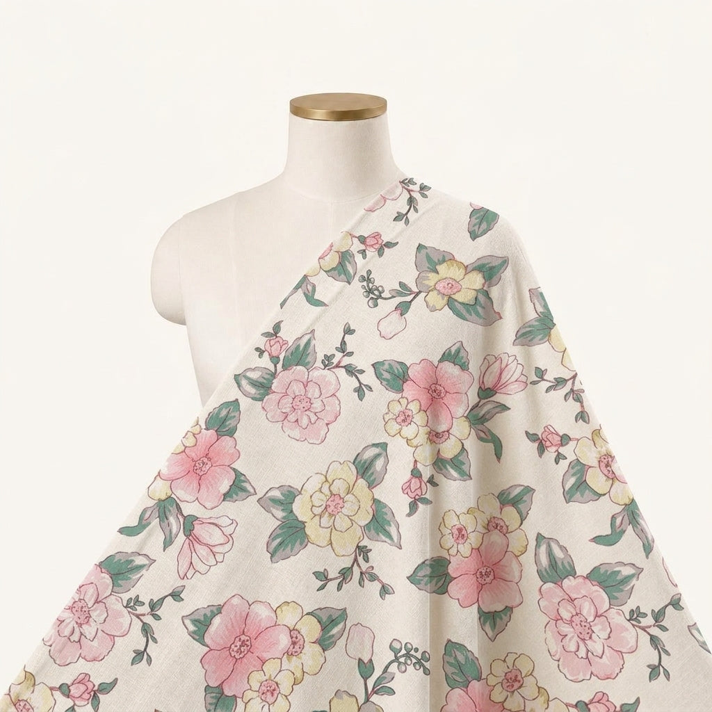 White Floral Cotton Fabric Draped as a saree
