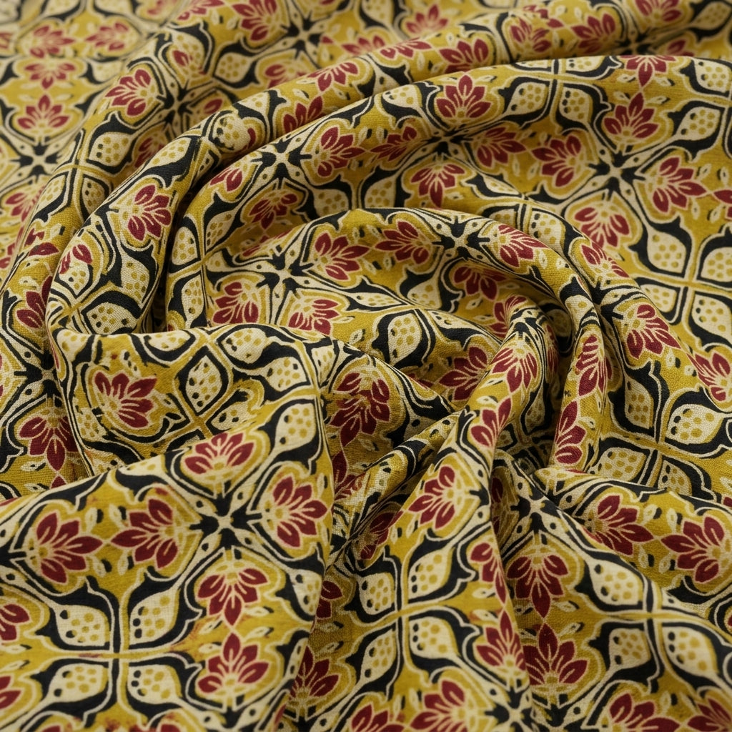 Swirled Ajrakh Yellow Ajrakh Cotton Fabric