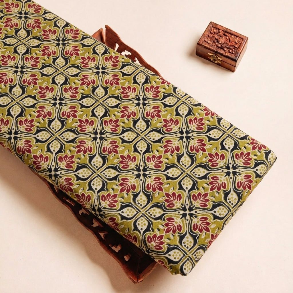 Folded Yellow Ajrakh Cotton Fabric Highlighting Block Print and Texture