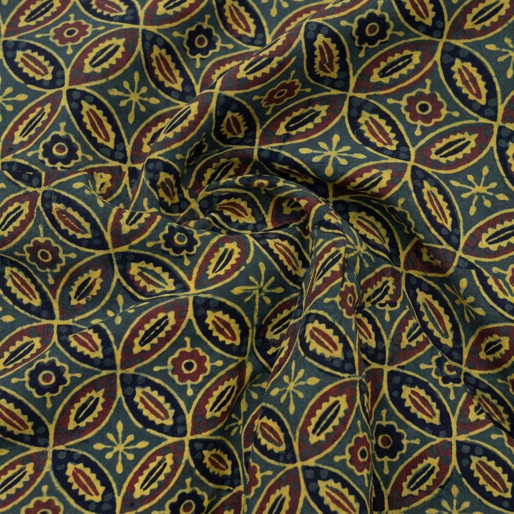 Swirled Ajrakh Green Ajrakh Cotton Fabric