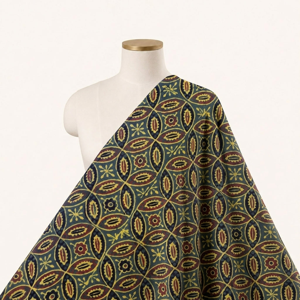 Ajrakh Green Ajrakh Cotton Fabric Draped as a saree