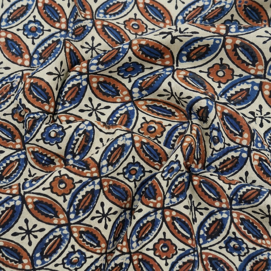 Swirled Ajrakh Cream Ajrakh Cotton Fabric
