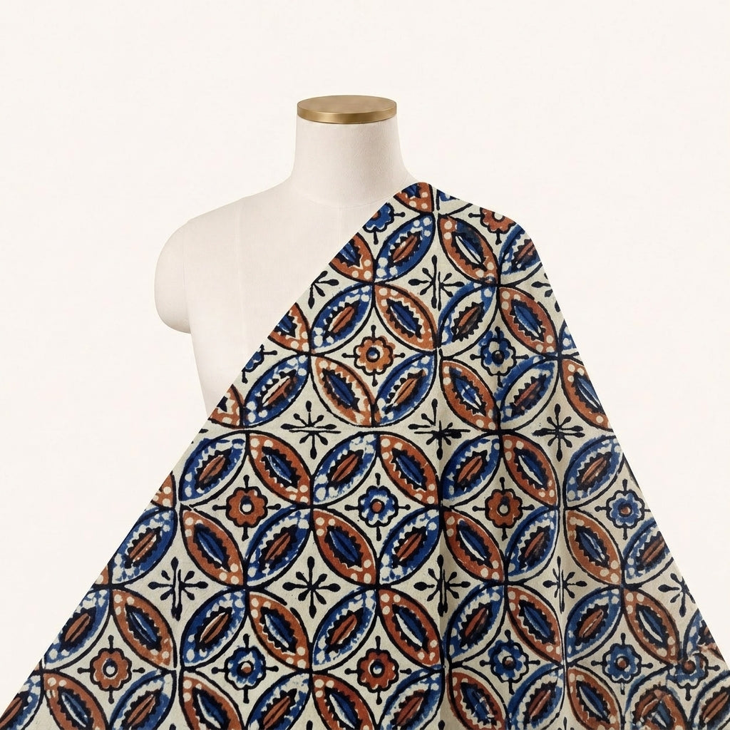 Ajrakh Cream Ajrakh Cotton Fabric Draped as a saree