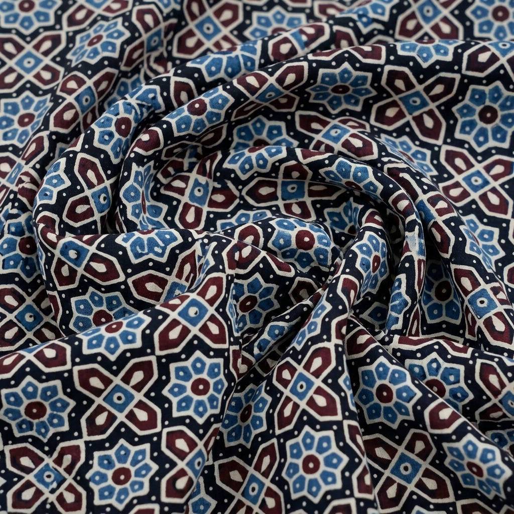 Swirled Ajrakh Black Ajrakh Cotton Fabric