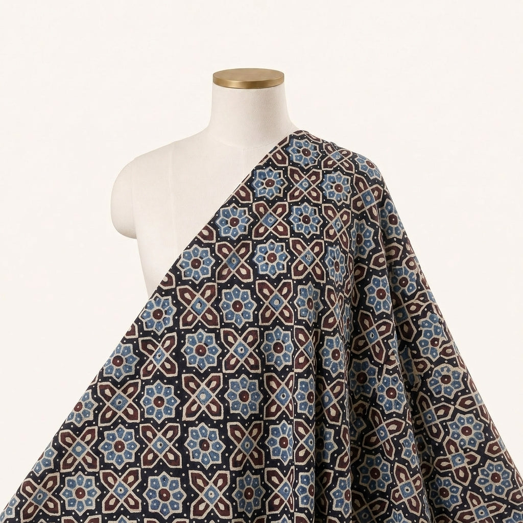Ajrakh Black Ajrakh Cotton Fabric Draped as a saree