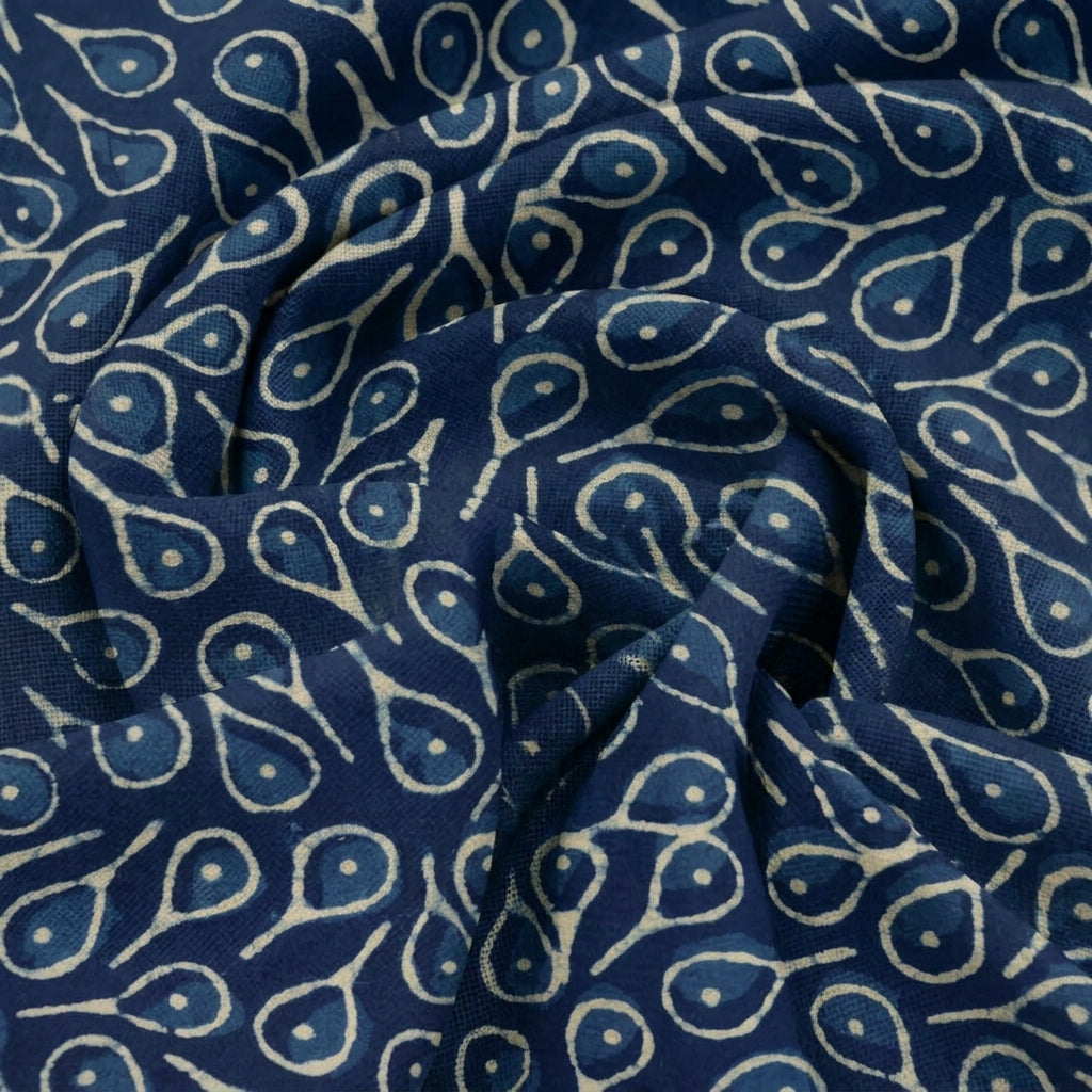 Swirled Block Print Indigo Block Print Cotton Fabric