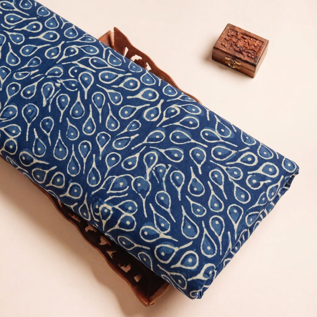 Block Print Indigo Block Print Cotton Fabric on a wooden tray