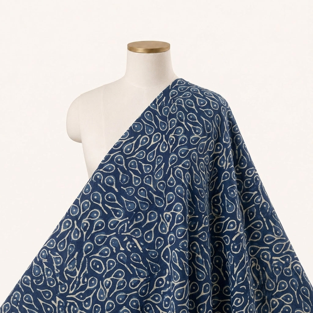 Block Print Indigo Block Print Cotton Fabric Draped as a saree