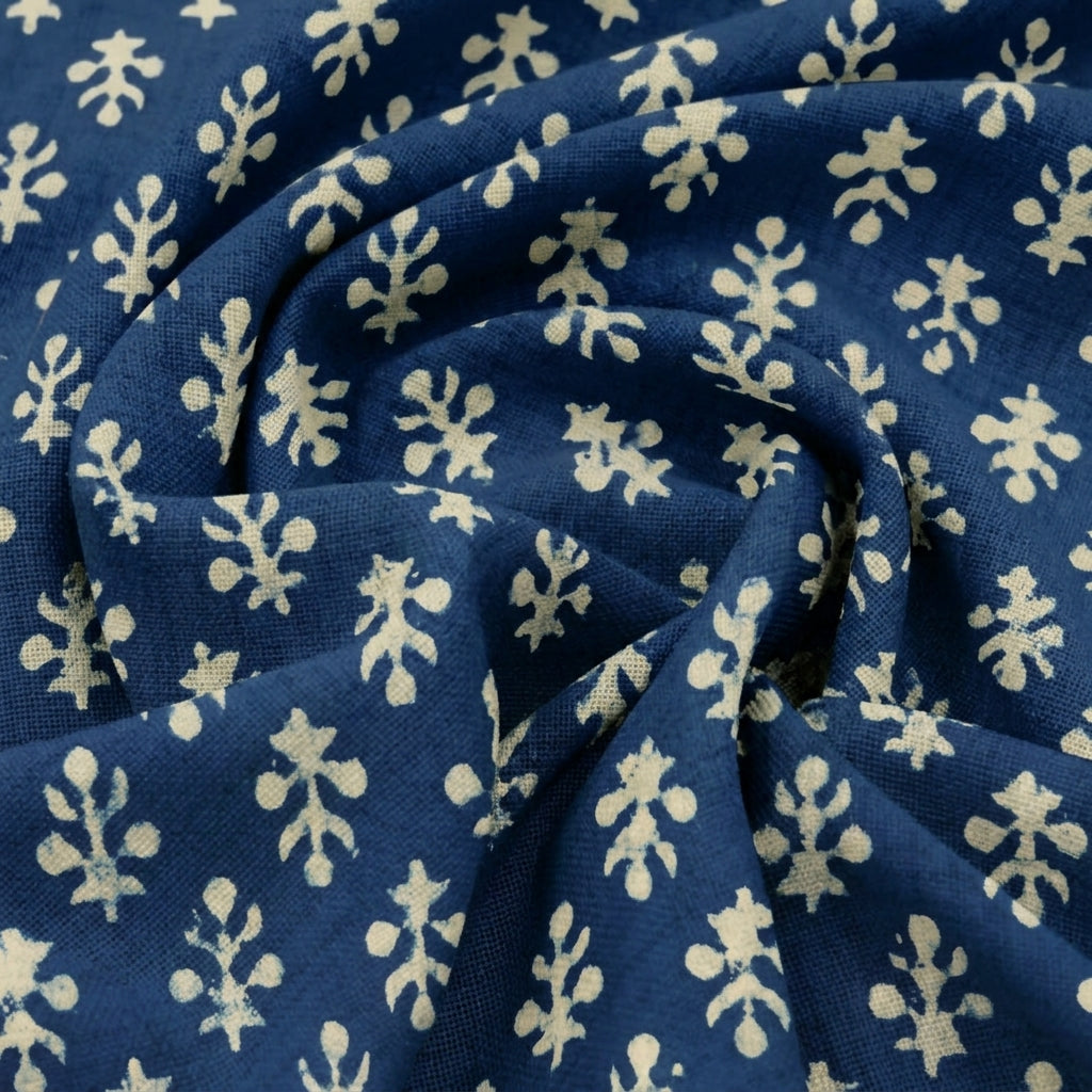Swirled Block Print Indigo Block Print Cotton Fabric
