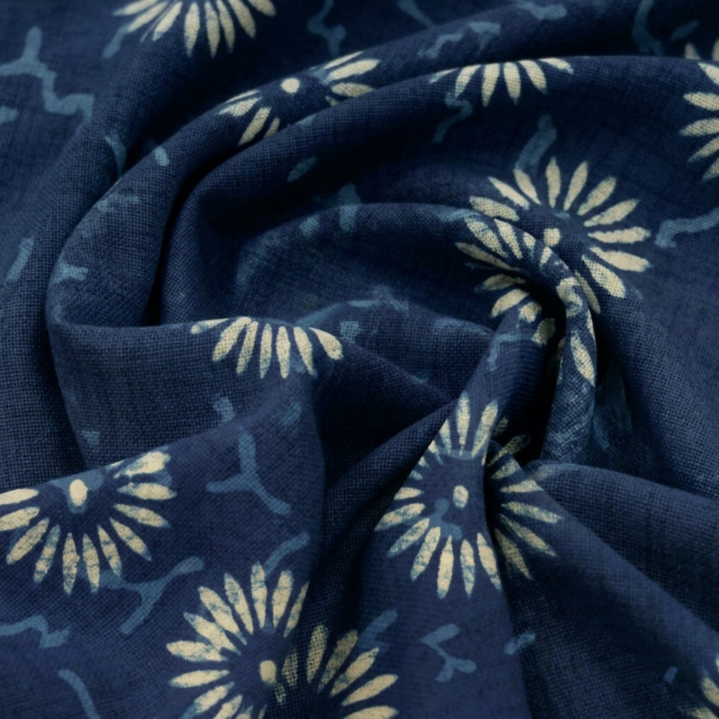 Swirled Block Print Indigo Block Print Cotton Fabric