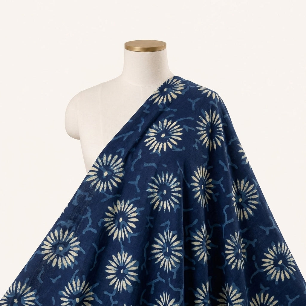 Block Print Indigo Block Print Cotton Fabric Draped as a saree