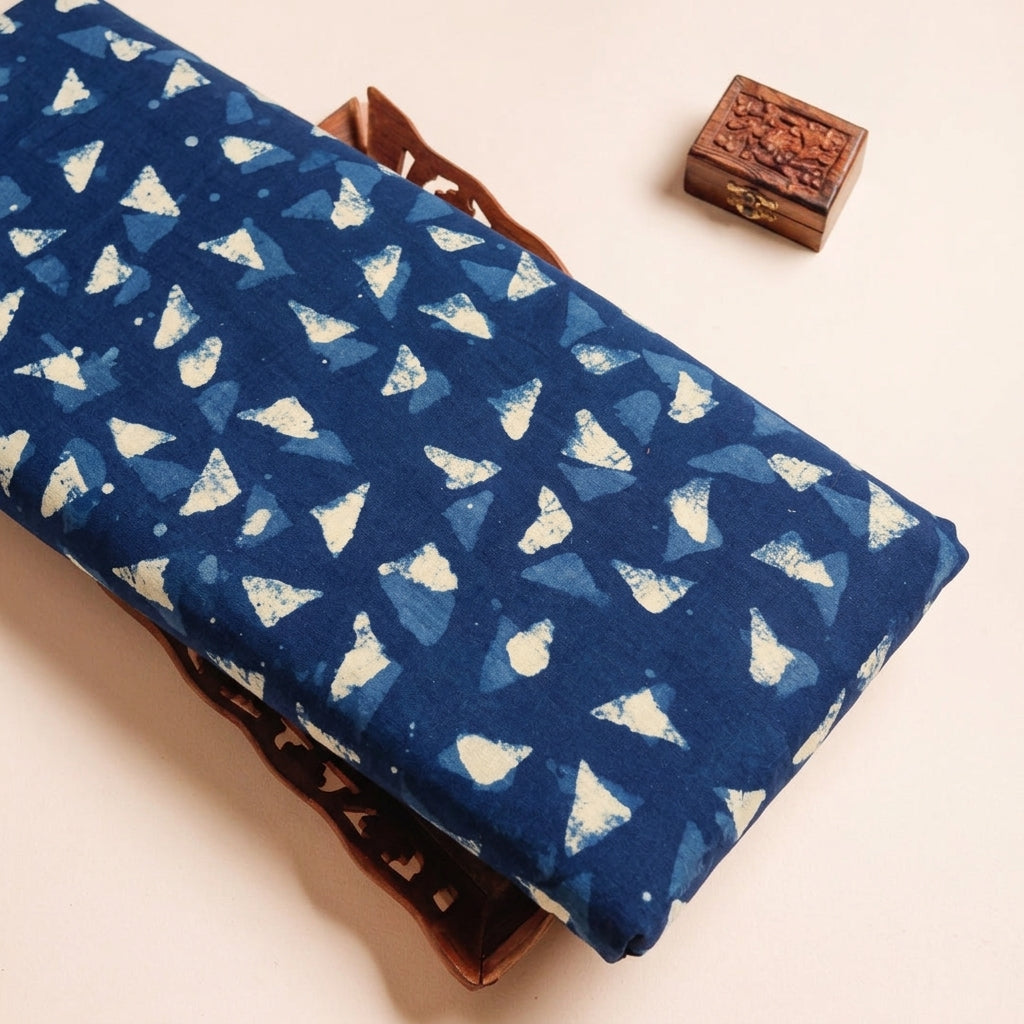 Block Print Indigo Block Print Cotton Fabric on a wooden tray