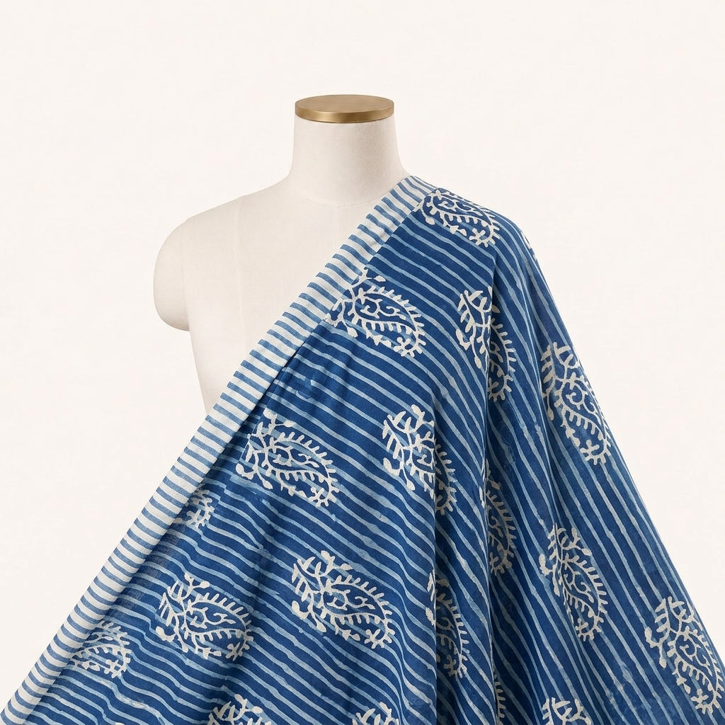 Paisley Indigo Paisley Cotton Fabric Draped as a saree