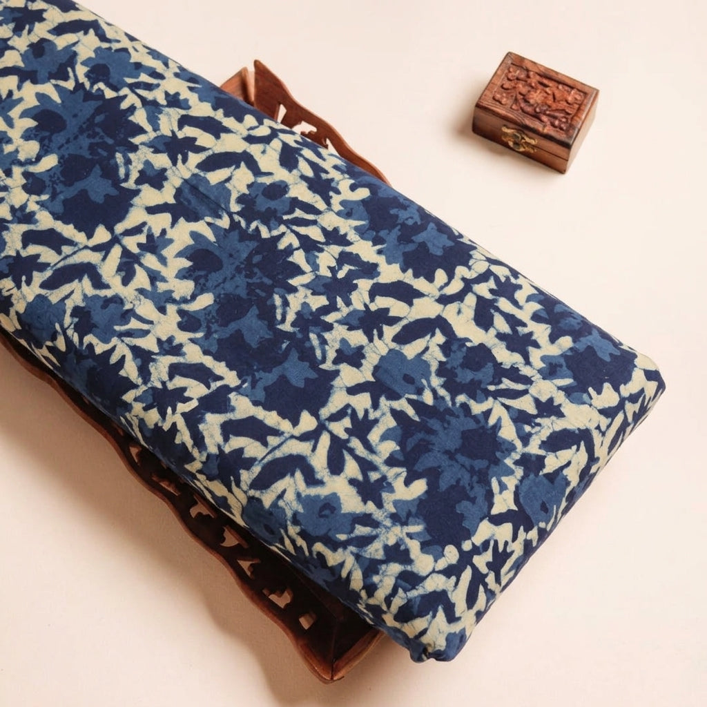 Floral Indigo Floral Cotton Fabric on a wooden tray
