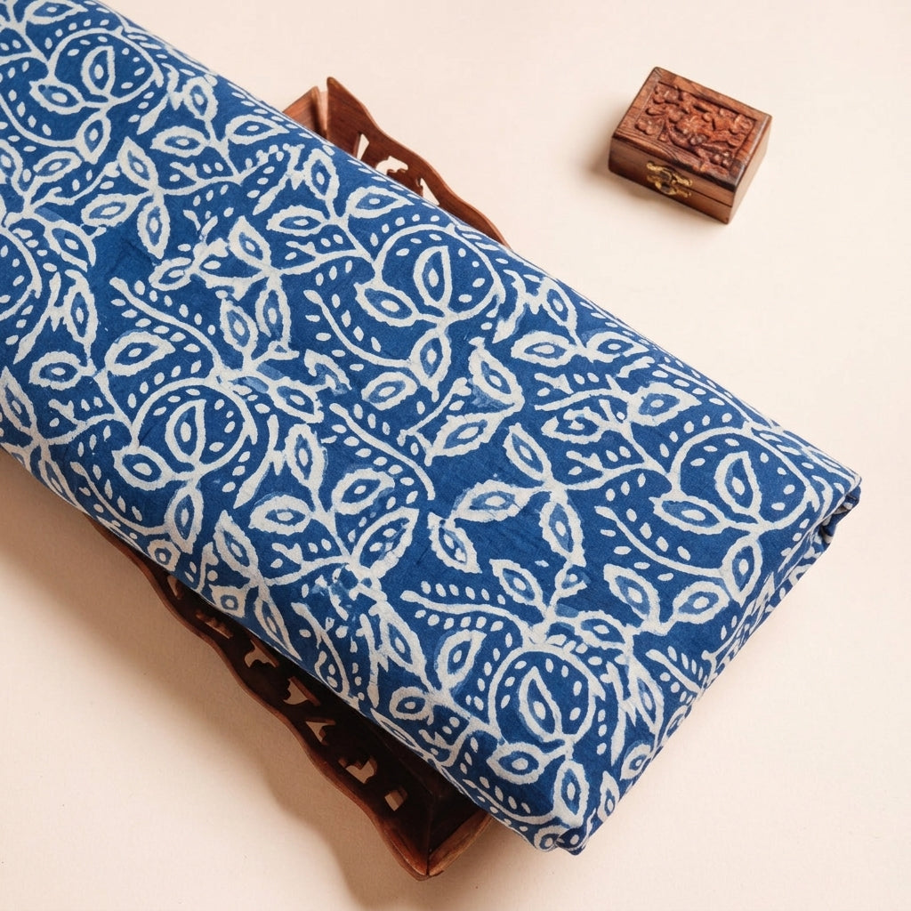 Floral Indigo Floral Cotton Fabric on a wooden tray