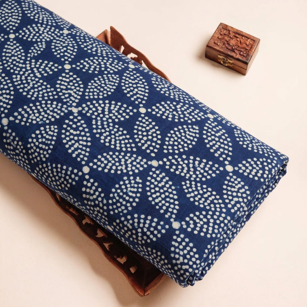 Block Print Indigo Block Print Cotton Fabric on a wooden tray
