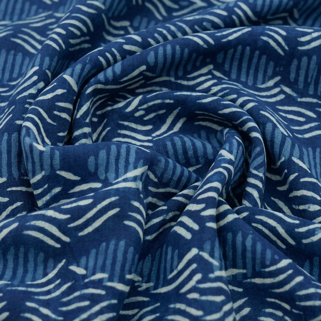 Swirled Block Print Indigo Block Print Cotton Fabric