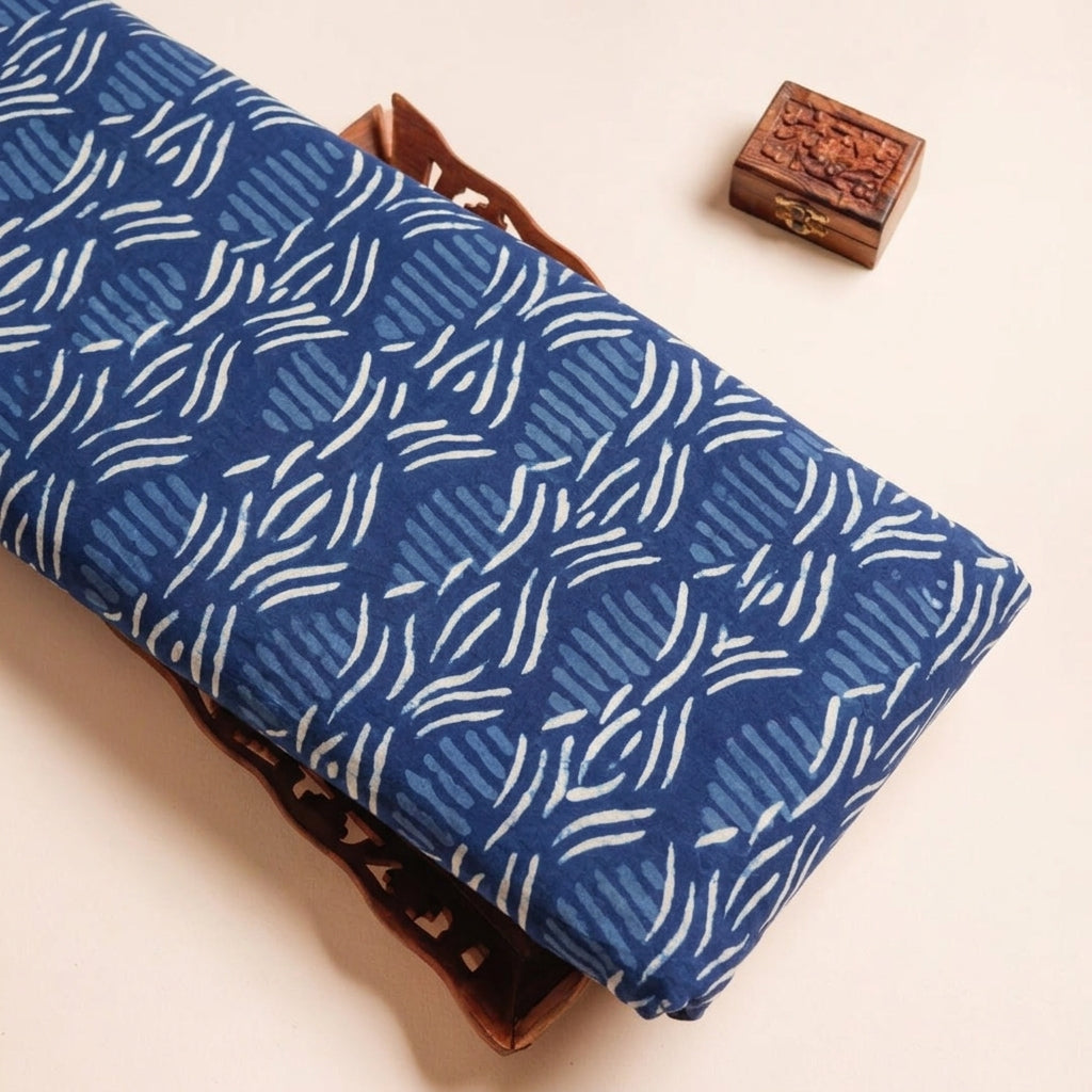 Block Print Indigo Block Print Cotton Fabric on a wooden tray