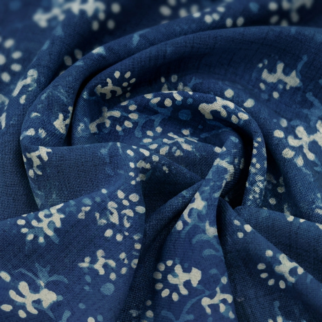 Swirled Block Print Indigo Block Print Cotton Fabric