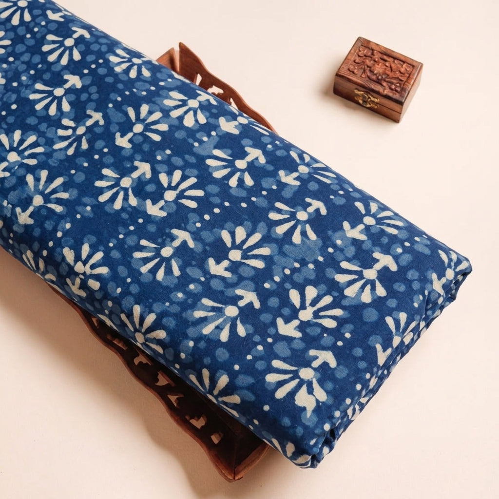 Floral Indigo Floral Cotton Fabric on a wooden tray