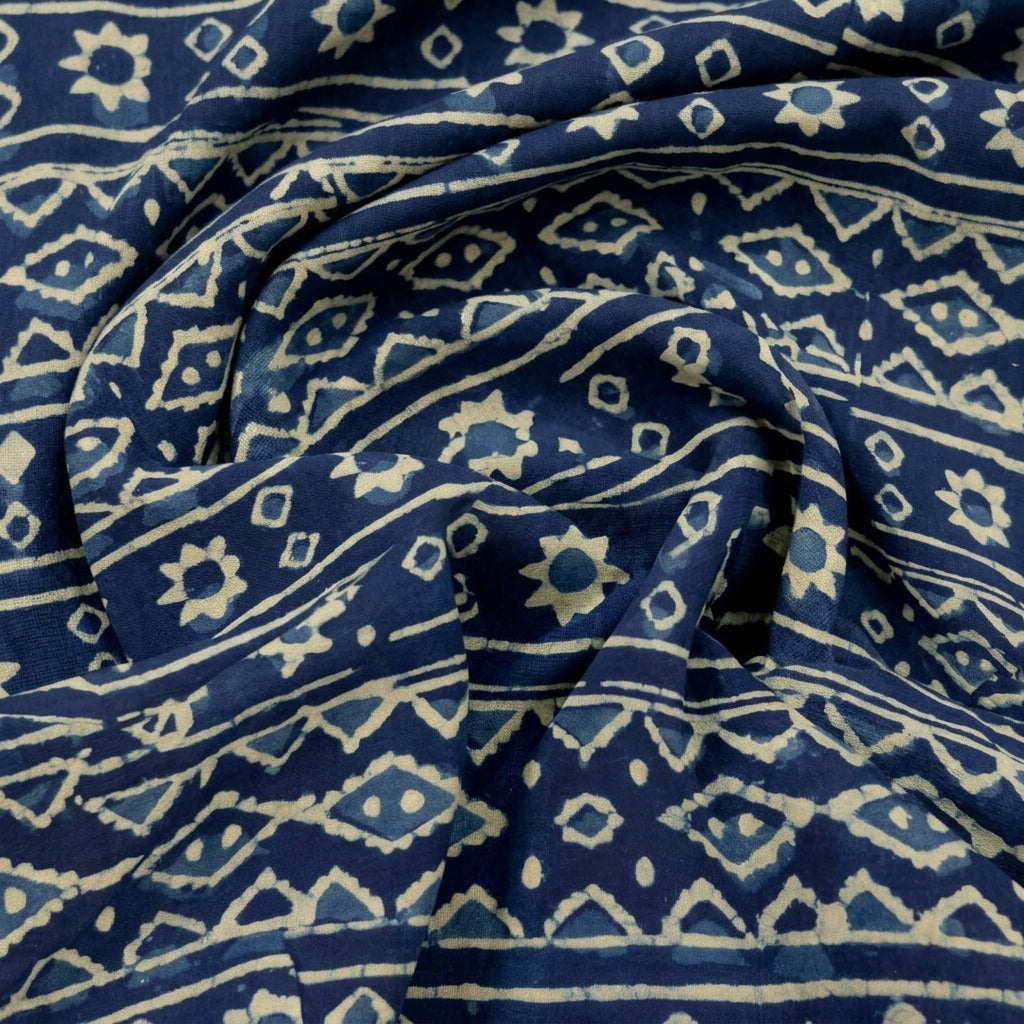 Swirled Block Print Indigo Block Print Cotton Fabric