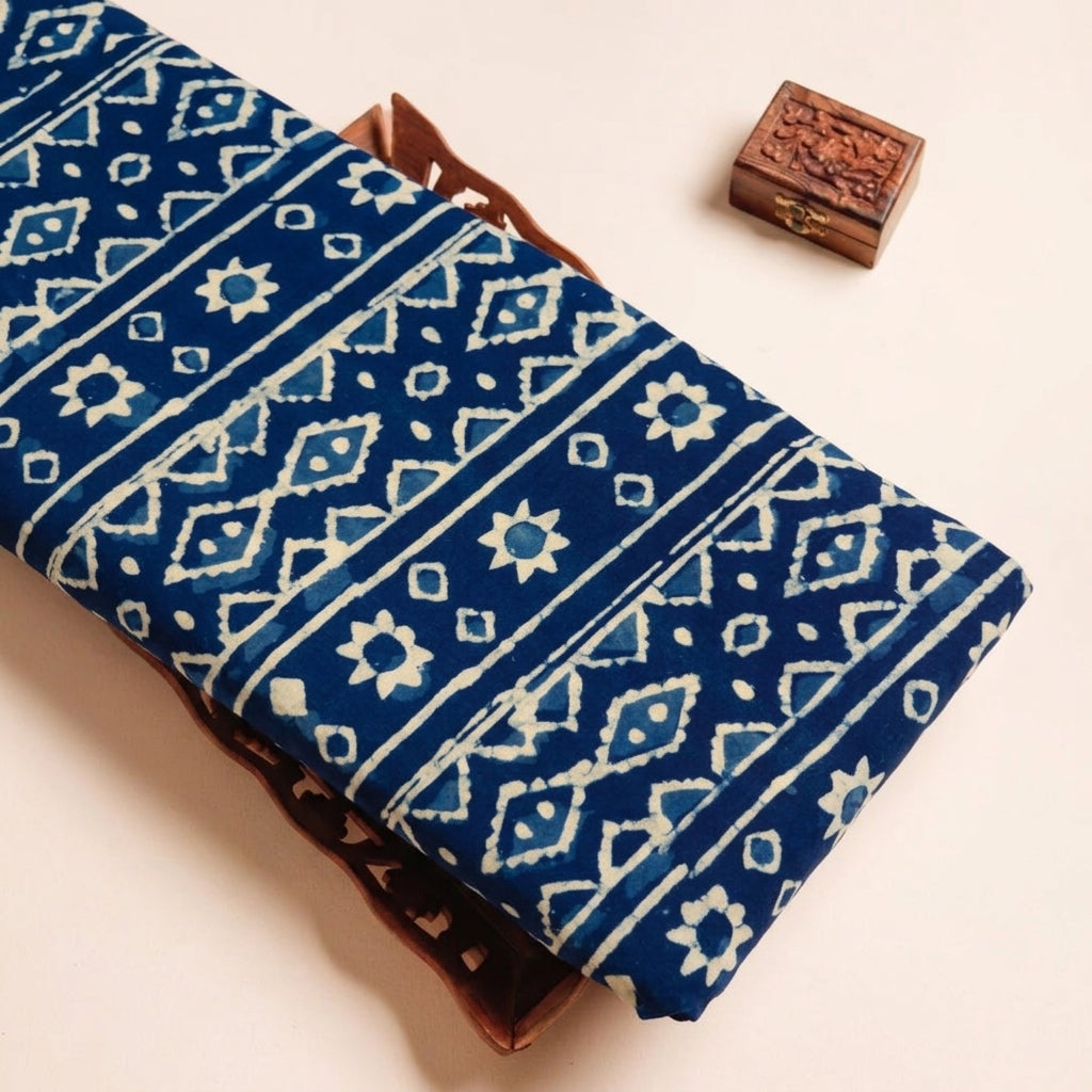 Block Print Indigo Block Print Cotton Fabric on a wooden tray