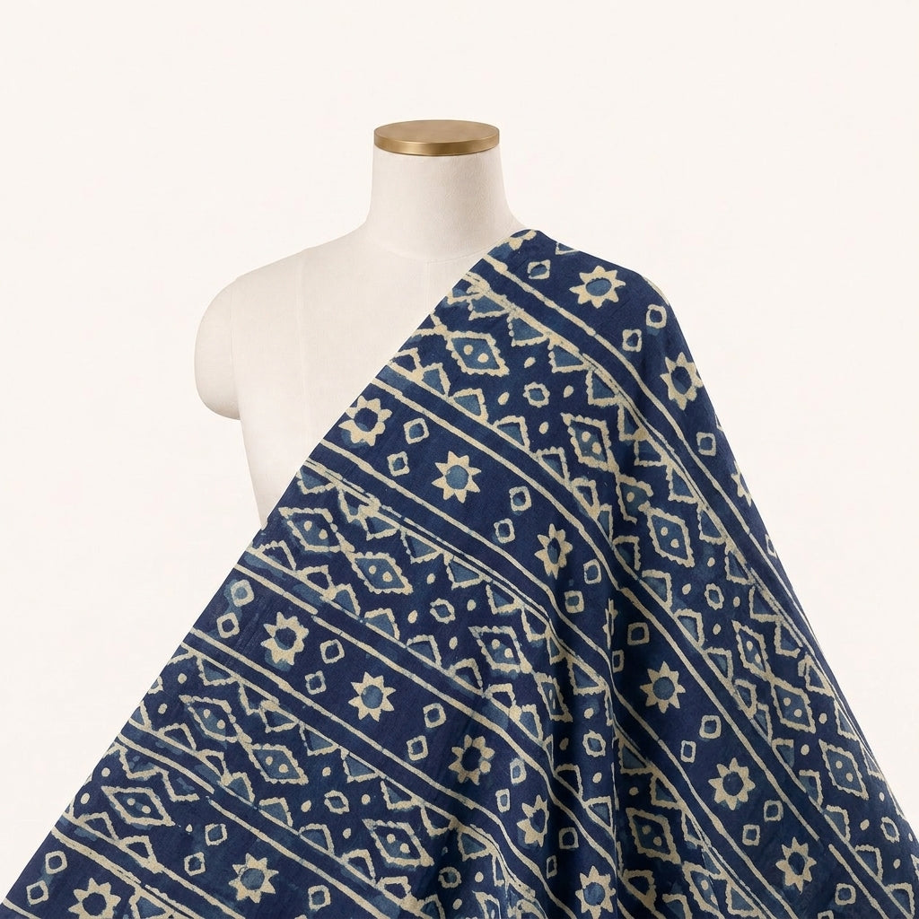 Block Print Indigo Block Print Cotton Fabric Draped as a saree