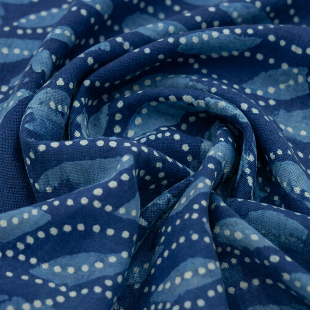 Swirled Block Print Indigo Block Print Cotton Fabric