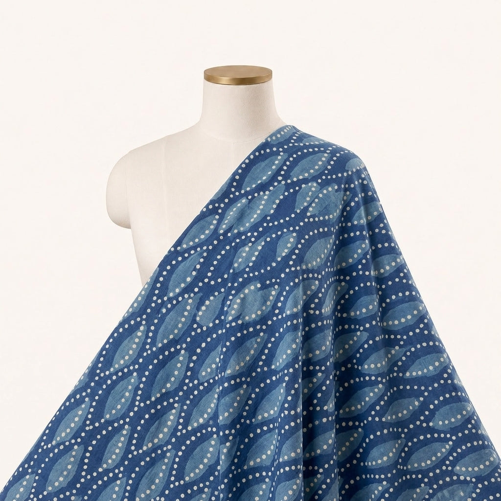 Block Print Indigo Block Print Cotton Fabric Draped as a saree