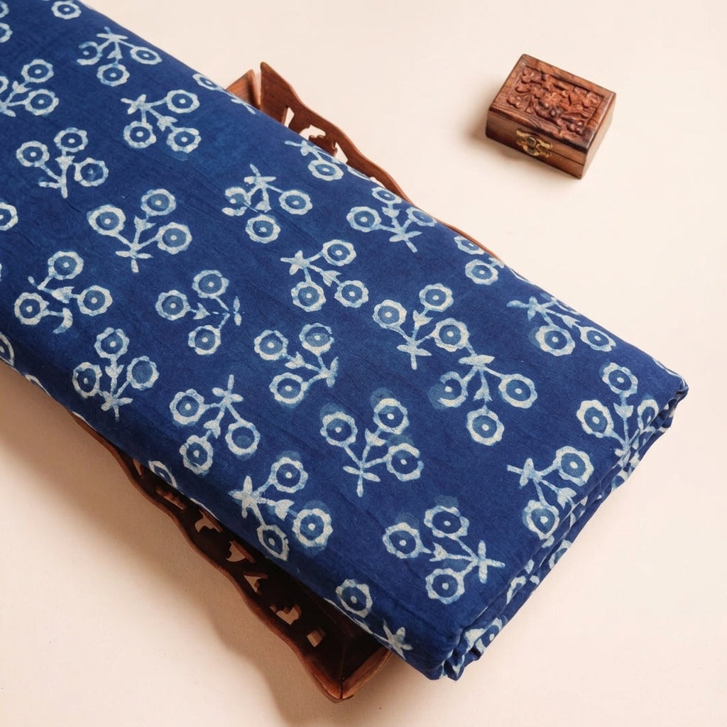 Floral Indigo Floral Cotton Fabric on a wooden tray