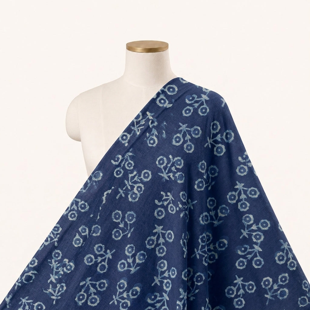 Floral Indigo Floral Cotton Fabric Draped as a saree