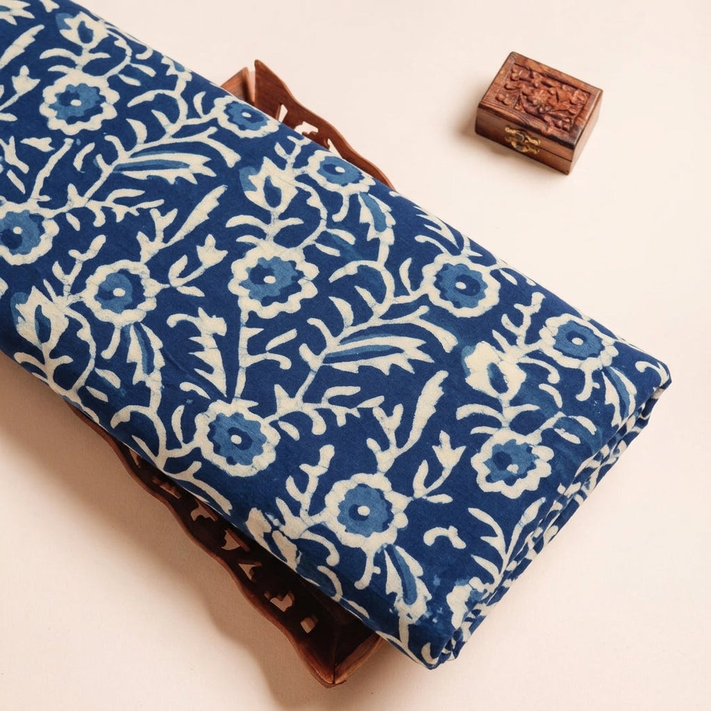 Floral Indigo Floral Cotton Fabric on a wooden tray