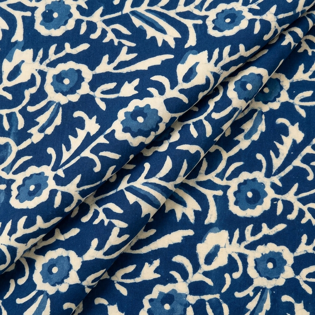 Folded Floral Indigo Floral Cotton Fabric