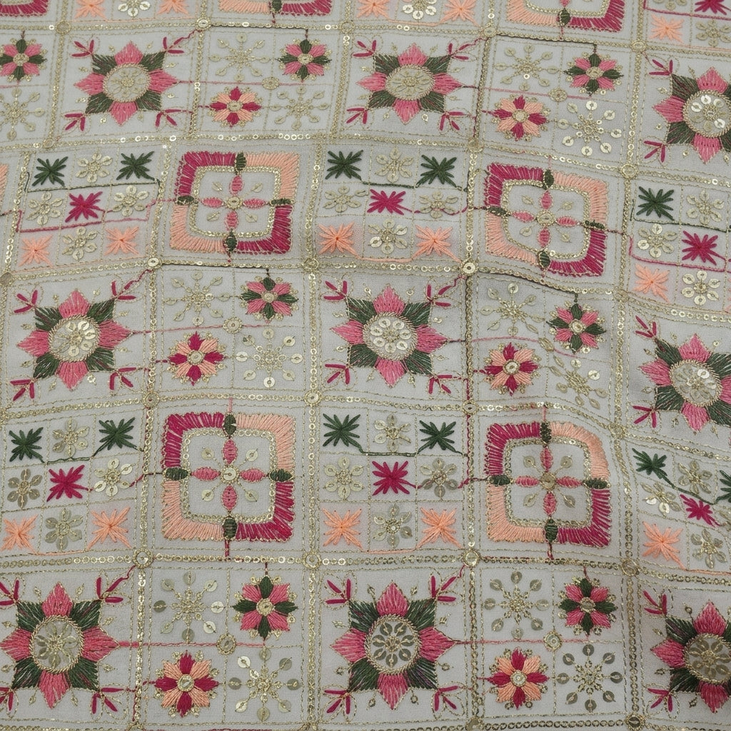 Swirled Embroidery White Embroidery Georgette Fabric