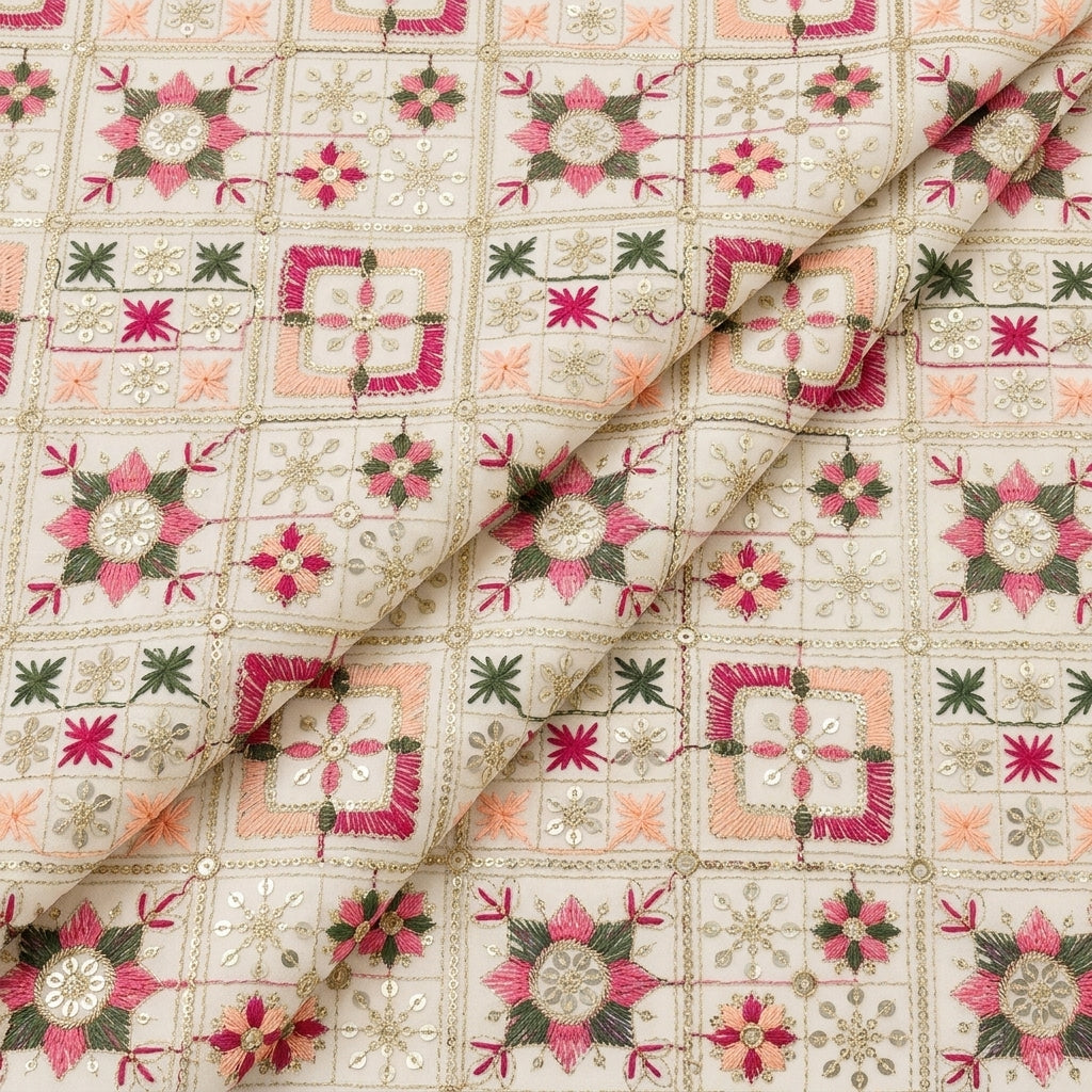 Folded Embroidery White Embroidery Georgette Fabric