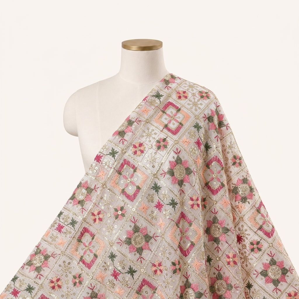Embroidery White Embroidery Georgette Fabric Draped as a saree