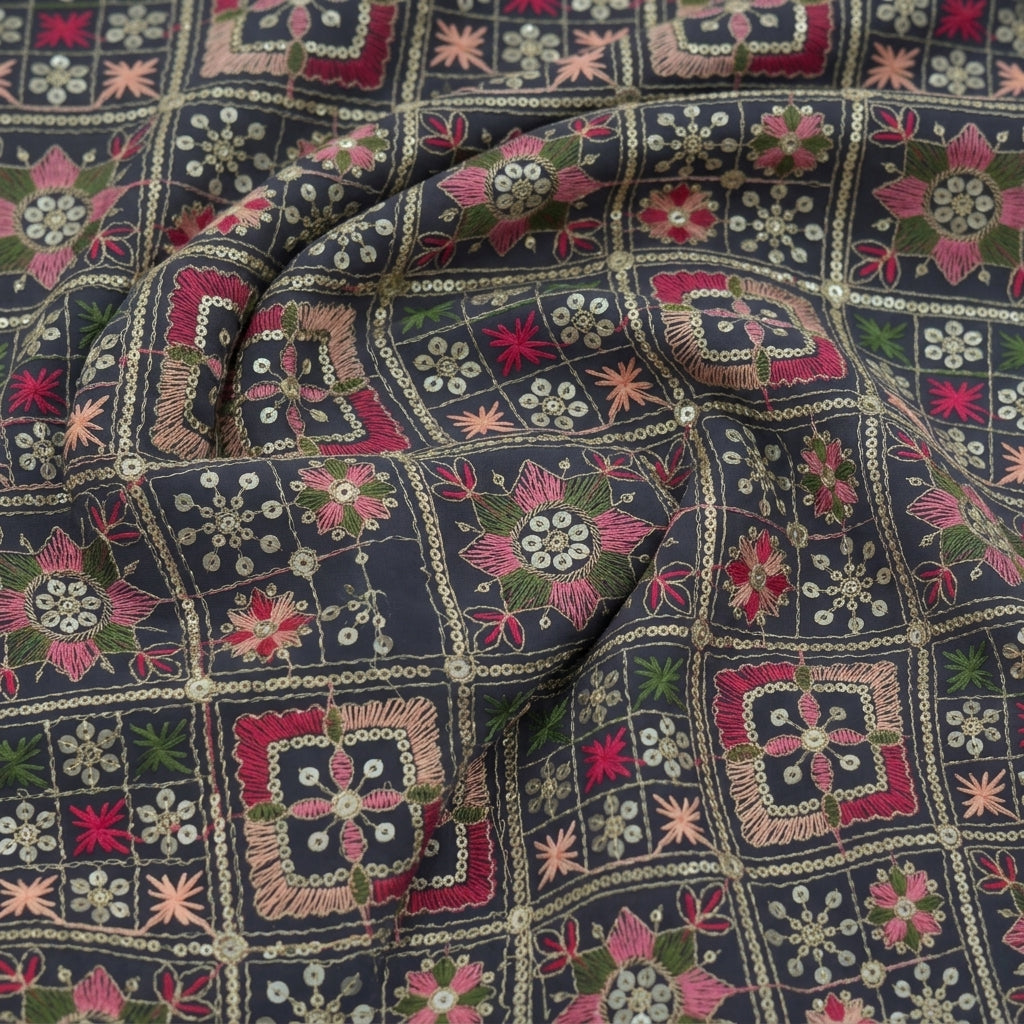 Swirled Embroidery Navy Blue Embroidery Georgette Fabric
