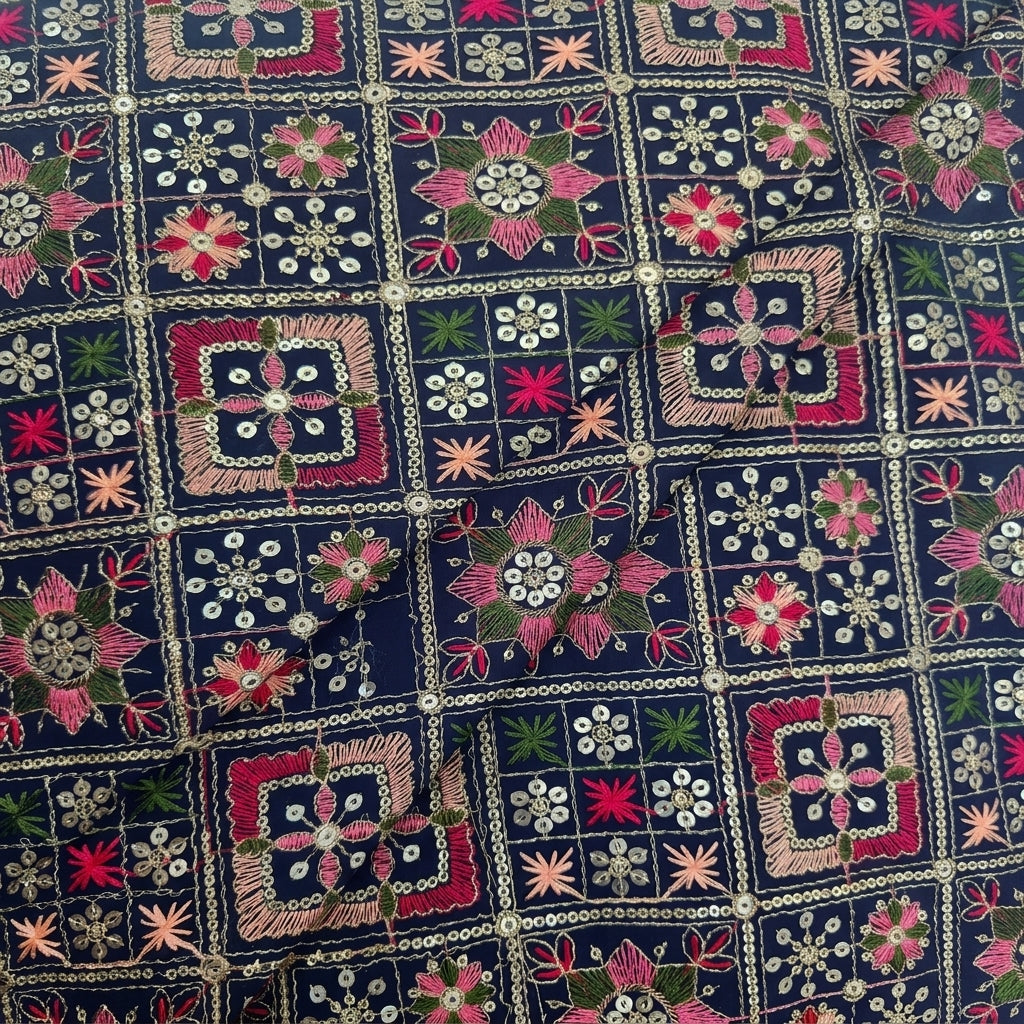 Folded Embroidery Navy Blue Embroidery Georgette Fabric