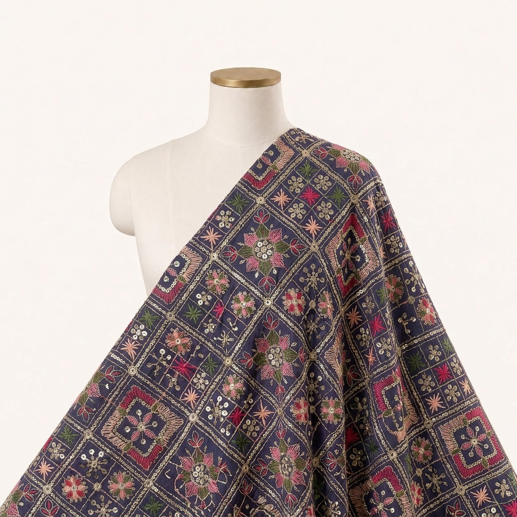 Embroidery Navy Blue Embroidery Georgette Fabric Draped as a saree
