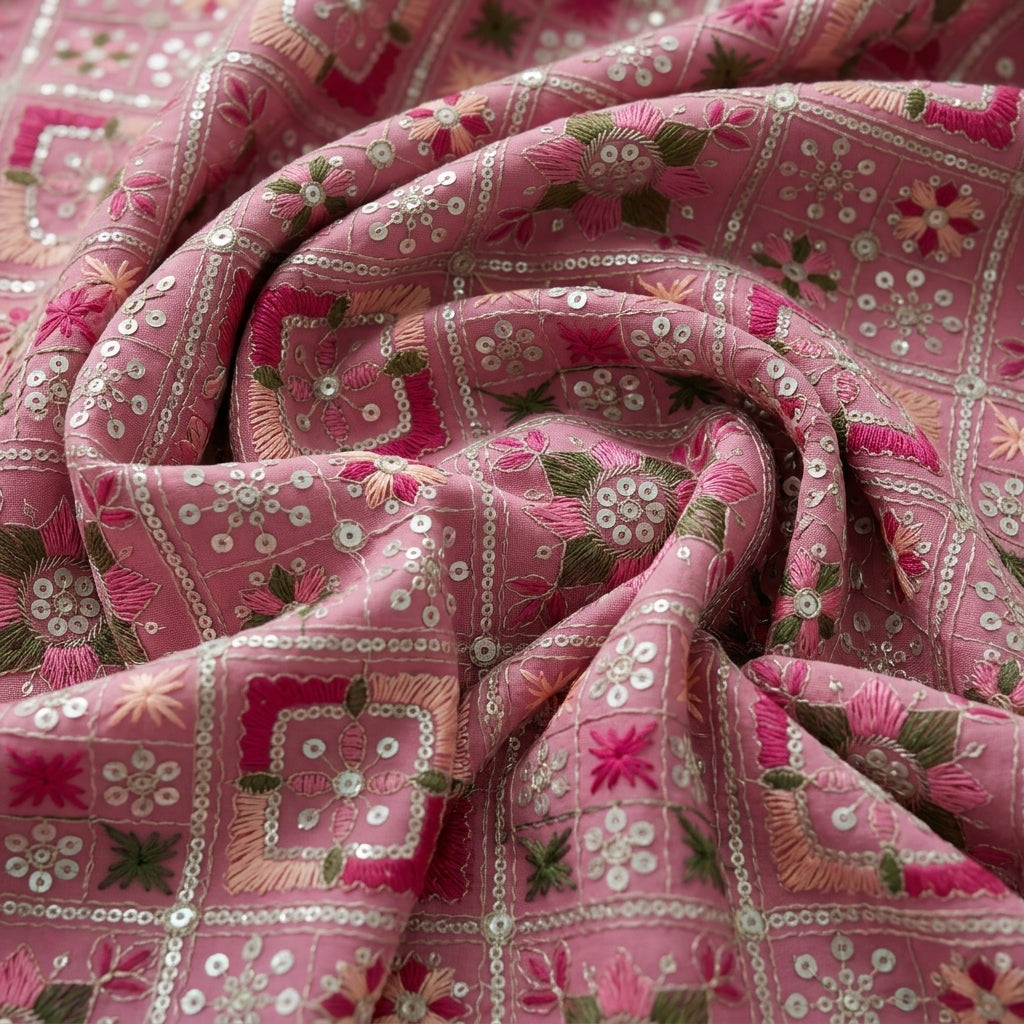Swirled Embroidery Pink Embroidery Georgette Fabric