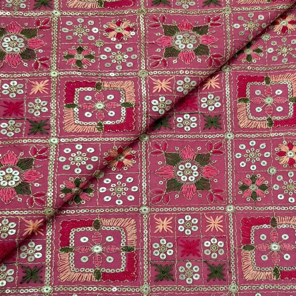 Folded Embroidery Pink Embroidery Georgette Fabric