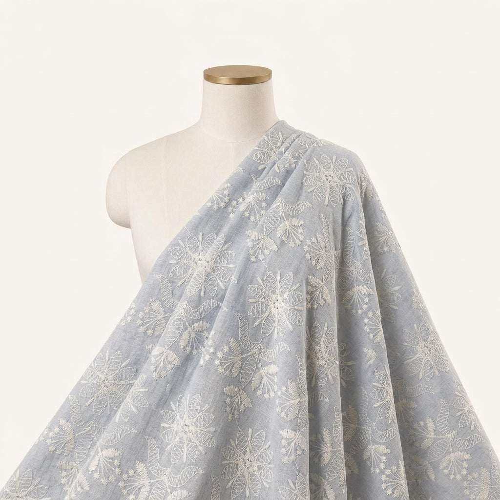 Embroidery Blue Embroidery Cotton Fabric Draped as a saree