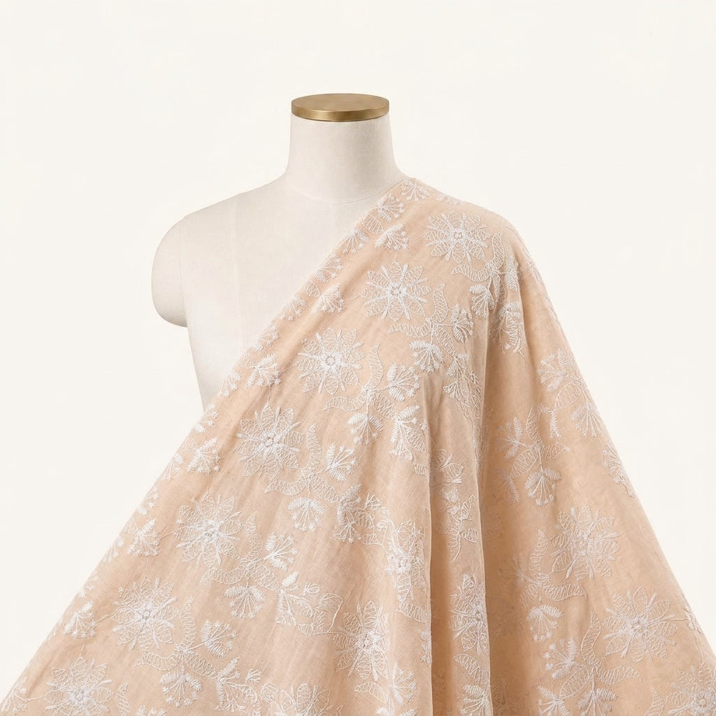 Embroidery Peach Embroidery Cotton Fabric Draped as a saree