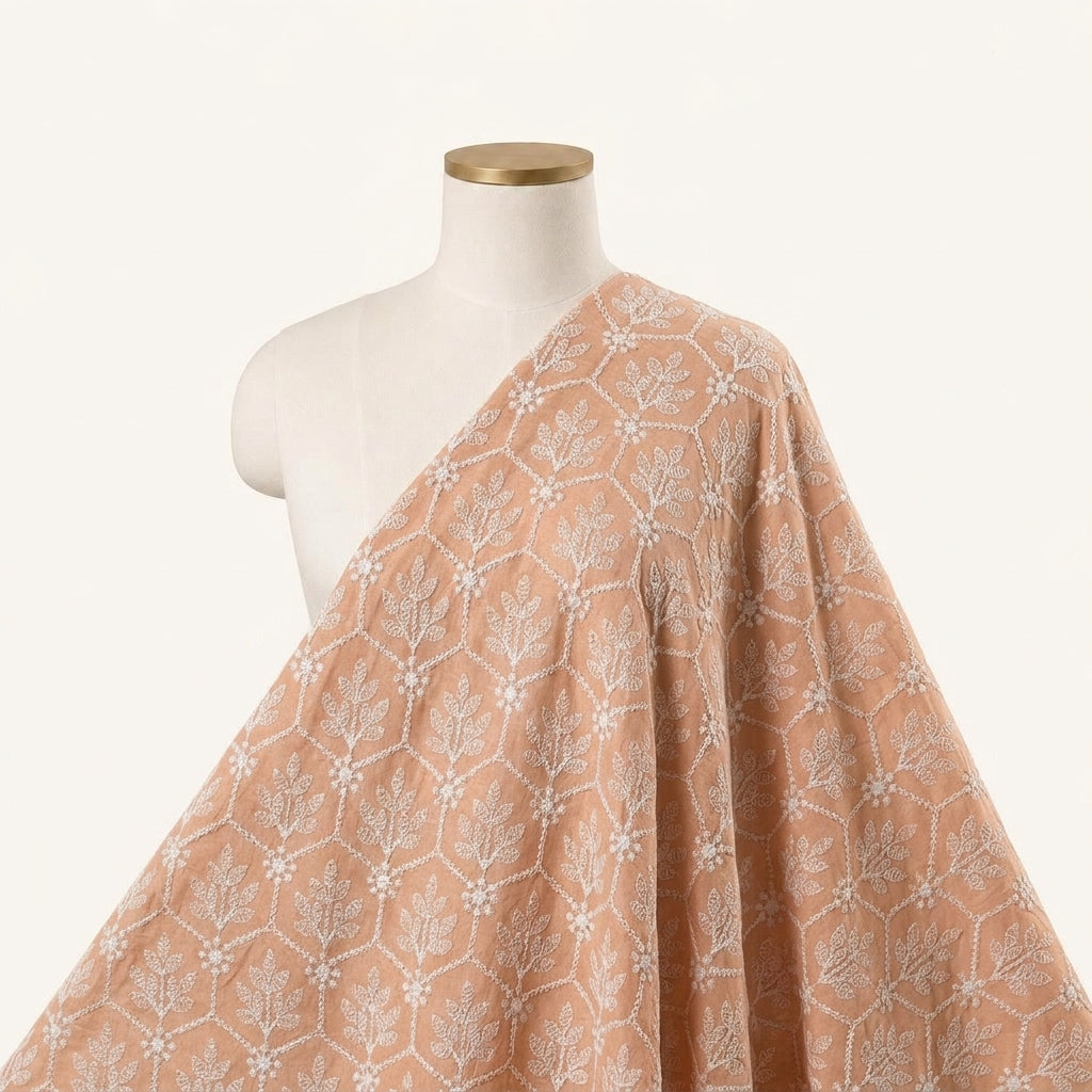 Embroidery PinkPeach Embroidery Cotton Fabric Draped as a saree