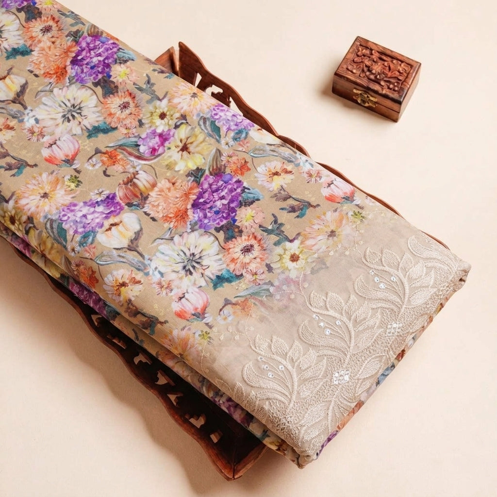 Folded Sandal Embroidery Cotton Fabric Highlighting Floral Border and Texture