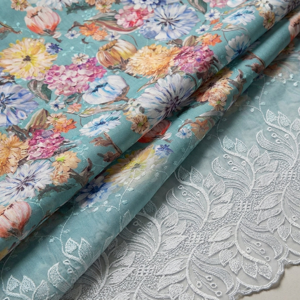 Folded Embroidery Green Embroidery Cotton Fabric