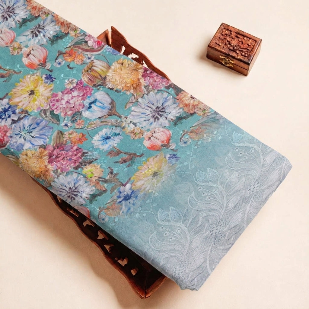 Folded Green Embroidery Cotton Fabric Highlighting Floral Border and Texture