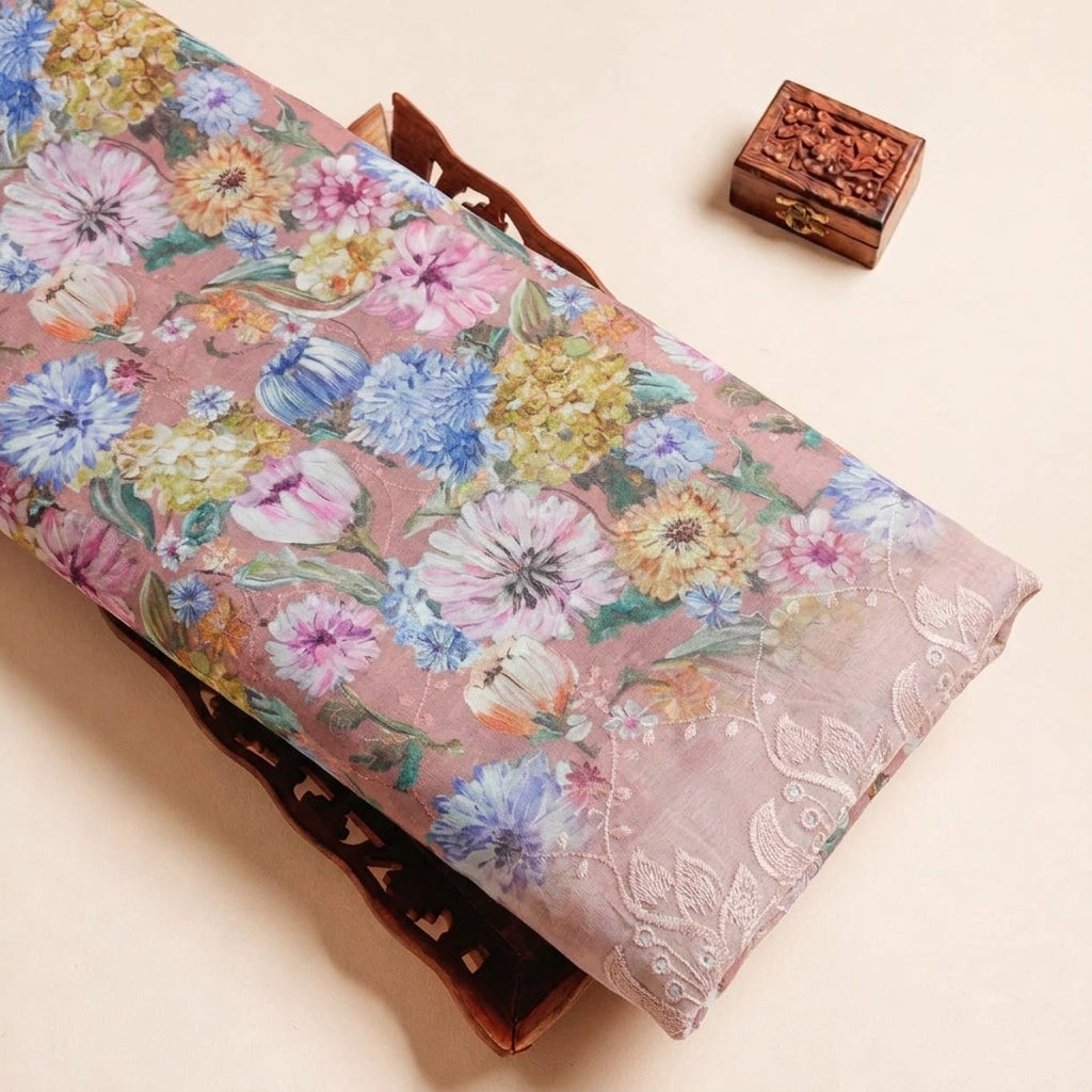Folded Pink Embroidery Cotton Fabric Highlighting Floral Border and Texture