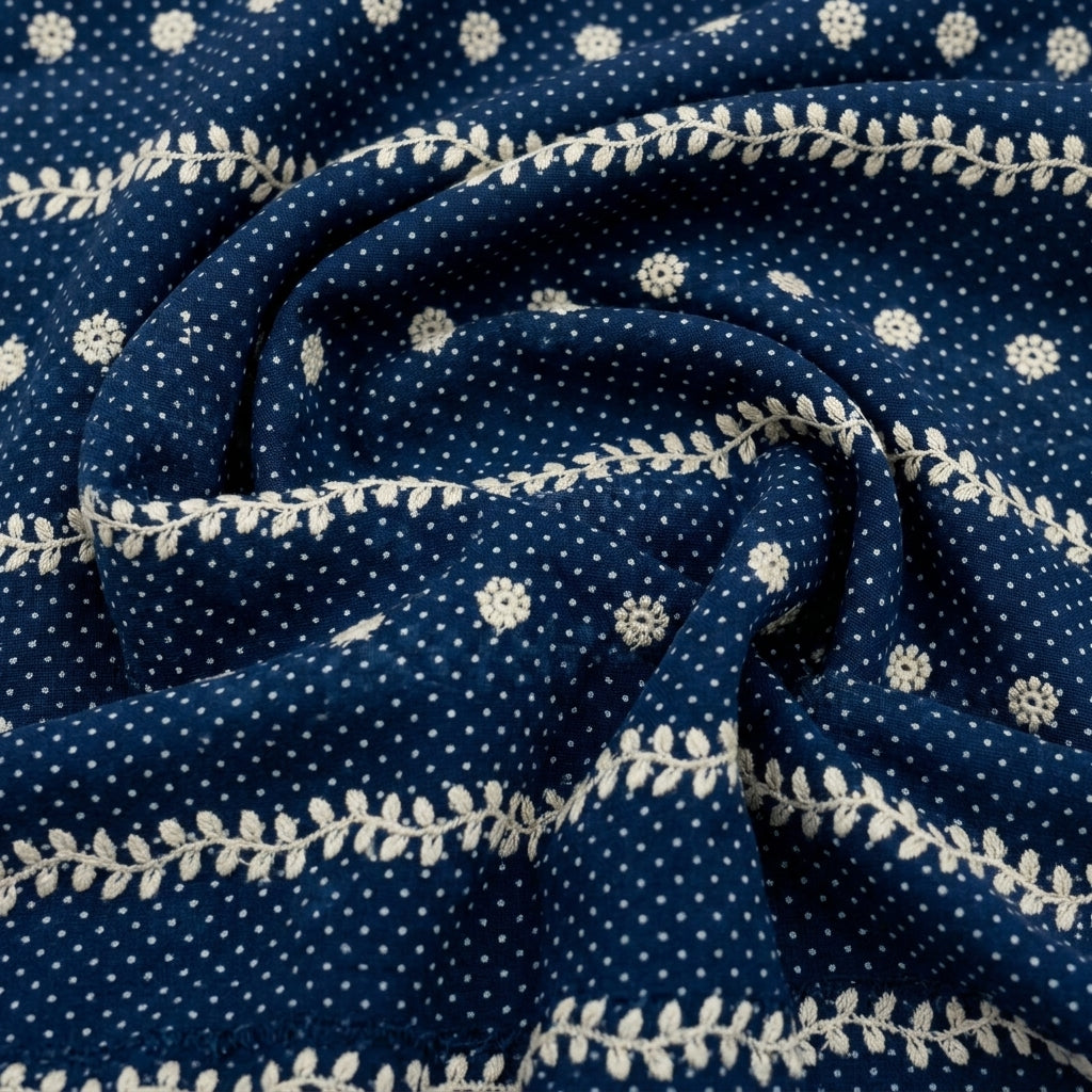 Swirled Embroidery Dark Blue Embroidery Cotton Fabric